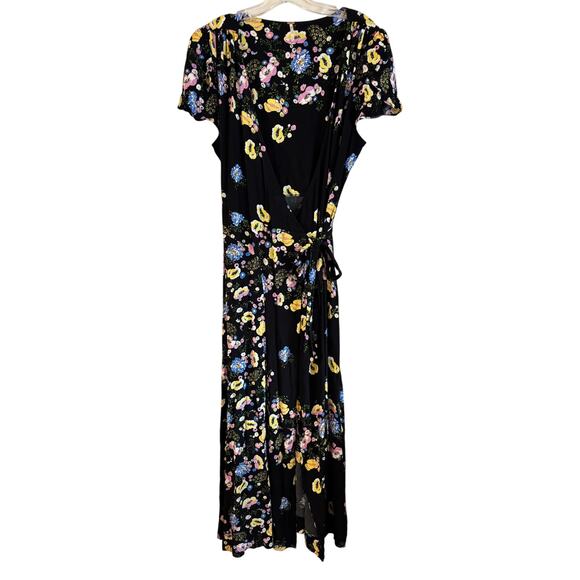 Free People Gorgeous Jess Floral Print Wrap Dress Black Maxi Large Short Sleeve - Picture 1 of 6